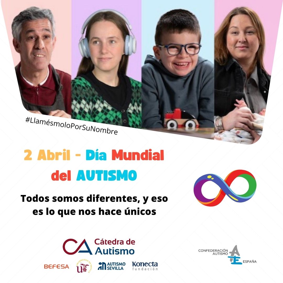 Imagen conmemorativa del día mundial del autismo en la que aparecen cuatro personas autistas de diferentes edades y el mensaje Todos somos diferentes, y eso es lo que nos hace únicos