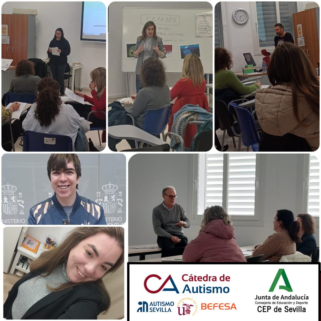 seis imágenes en las que podemos ver a personas dando clases y a Pilar y Quino en la esquina inferior izquierda sonriendo