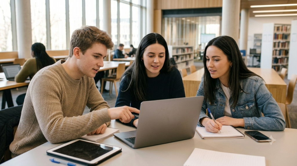 dos mujeres y un hombre estudiantes universitarios sentados frente a un portatil
