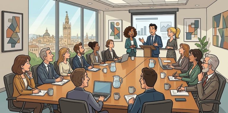 Mesa de reuniones con personas sentadas y de ponentes dos mujeres y un hombre dando una charla
