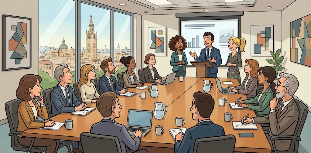 Mesa de reuniones con personas sentadas y de ponentes dos mujeres y un hombre dando una charla