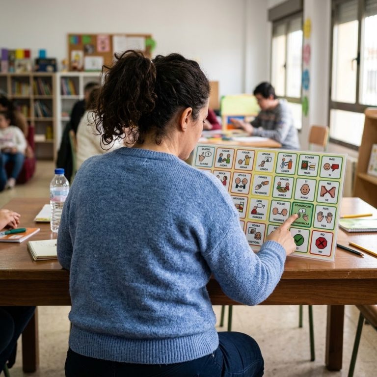 Chica señalando un panel de comunicación de pictogramas